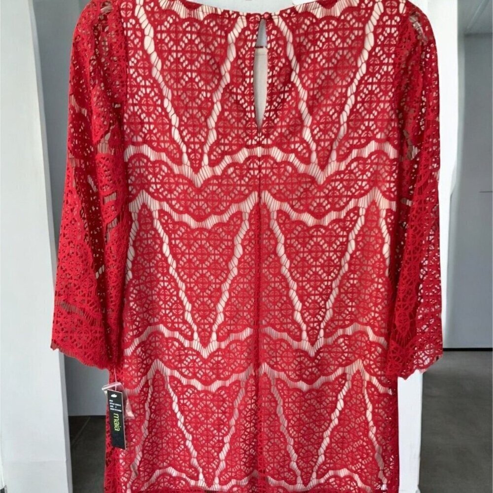Maia Womens Designer Red Lace Scalloped Edge Shift Dress Lined Crochet NEW 2 - Picture 6 of 10